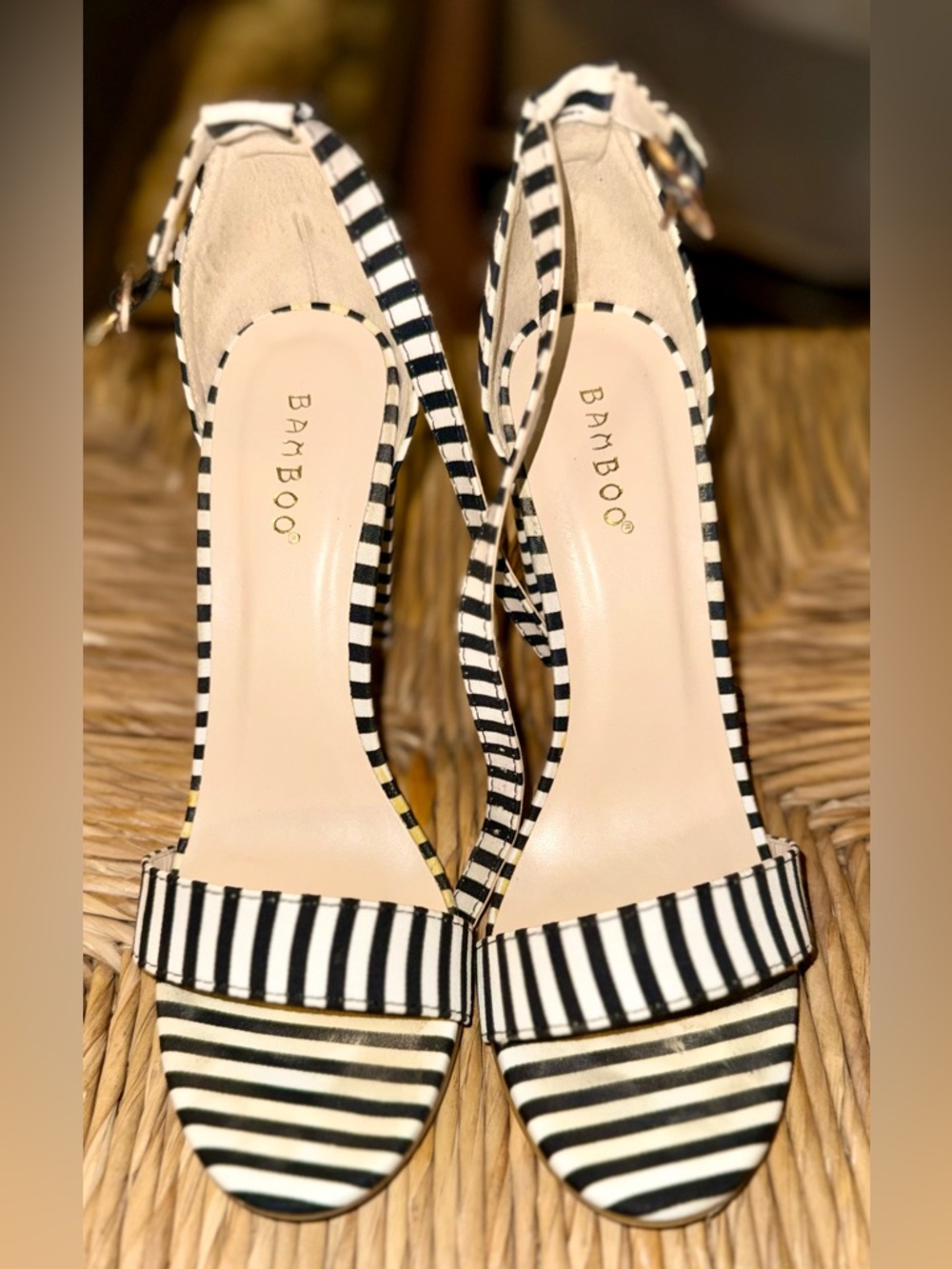 Pre-Loved BAMBOO Black and White Striped Open-Toe Heels